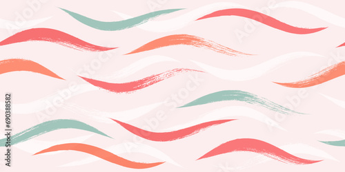 Seamless Wave Pattern, Hand drawn pink vector background. Wavy girly brush stroke, curly grunge paint lines, watercolor illustration photo