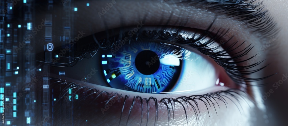 Close up of beautiful woman eye with digital network in retina