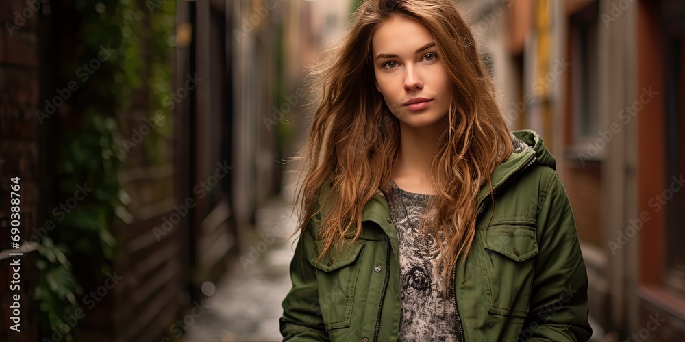 beautiful girl in the jacket is posing in the alley, generative AI beautiful girl in the jacket is posing in the alley, generative AI