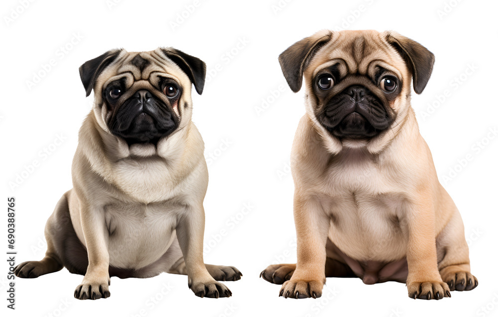 Fototapeta premium Set of Cute Pug Pooches: Puppy and Mature Pug Dog Sitting, Isolated on Transparent Background, PNG