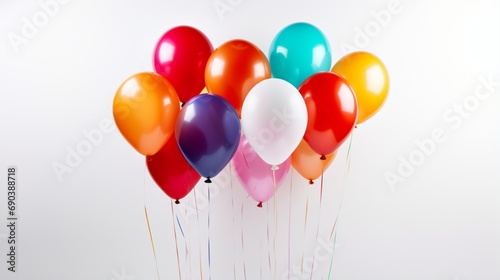 A vibrant cluster of helium balloons soaring into the sky  each displaying a different color combination  on a solid white background.