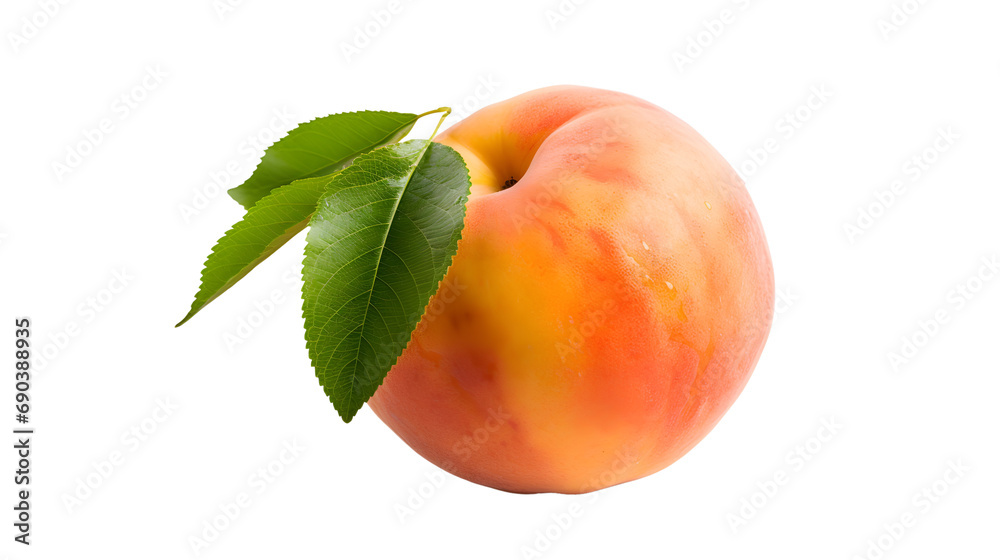 Cluster of fresh, ripe peaches with vibrant green leaves on a white background Cluster of fresh, ripe peaches with vibrant green leaves on a white background