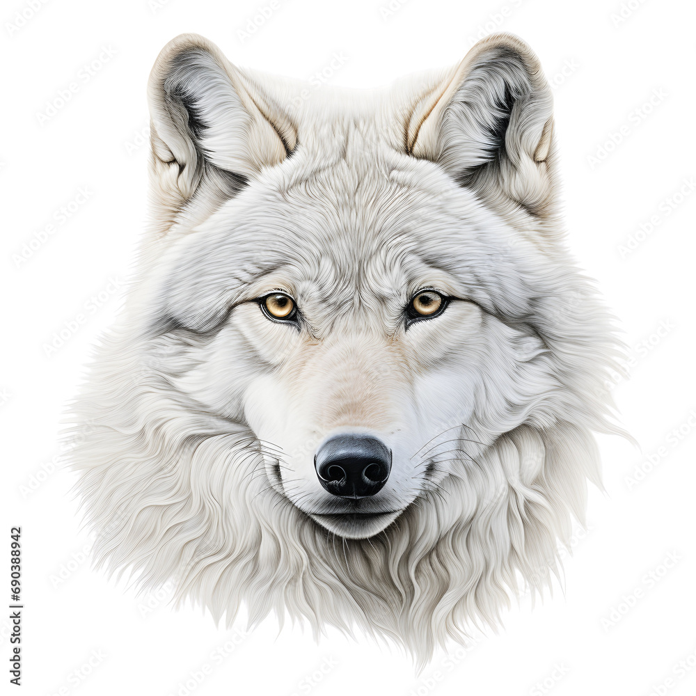 Graceful wolf head, watercolor effect, wildlife portrait, focused eyes, artistic, white background