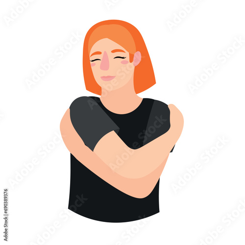 Woman hugging herself on white background