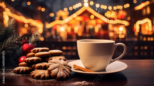 Merry Christmas and happy holidays  a cup of hot drink with steam coming out and cookies on the background of the lights of the Christmas market  generative ai  