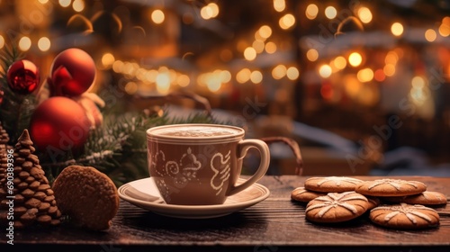 Merry Christmas and happy holidays, a cup of hot drink with steam coming out and cookies on the background of the lights of the Christmas market, generative ai
