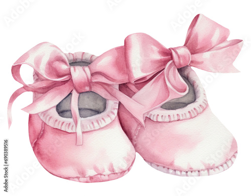 Watercolor illustration of a pink baby booties. It's a girl. Newborn. Transparent background, png. Ai generated. © Bonbonny