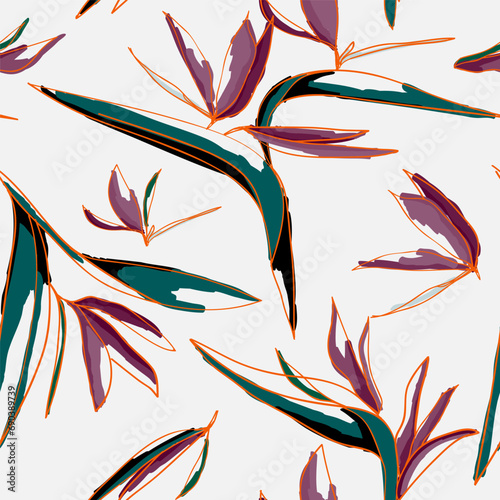 Exotic Purple flowers painted style pattern inspired in bird of paradise plant. Vector seamless pattern design for textile, fashion, paper, packaging and branding.