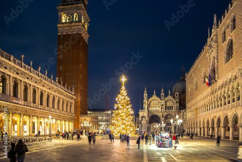 San Marco square in Venice, Italy with decorated illuminated Christmas tree