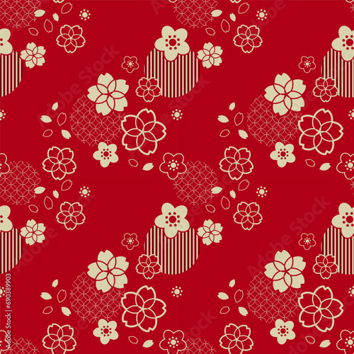 Japanese spring flowers traditional red pattern in oriental style.  Vector seamless pattern design for textile, fashion, paper, packaging and branding. 