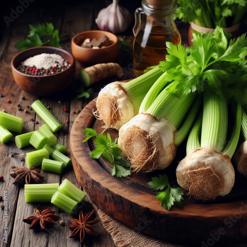 Ingredients for Waldorf salad - celery, apples, walnut - fresh and healthy vegetables on granite board. photo