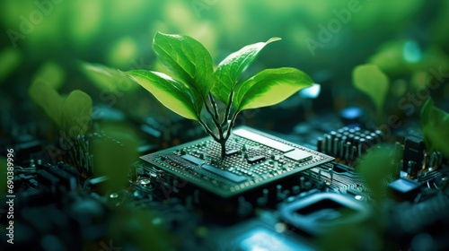 Circuit board with microchip processor technology and plant sprout on blur background. photo