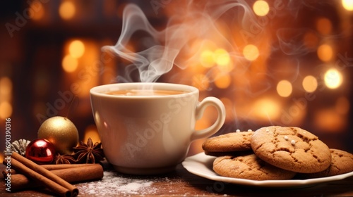  Merry Christmas and happy holidays, a cup of hot drink with steam coming out and cookies on the background of the lights of the Christmas market, generative ai