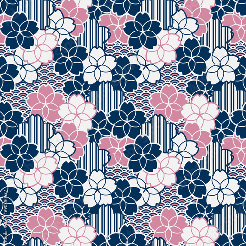 Sakura flowers in blue and pink japanese geometric pattern with stripes and waves texture. Vector seamless pattern design for textile, fashion, paper, packaging and branding. 