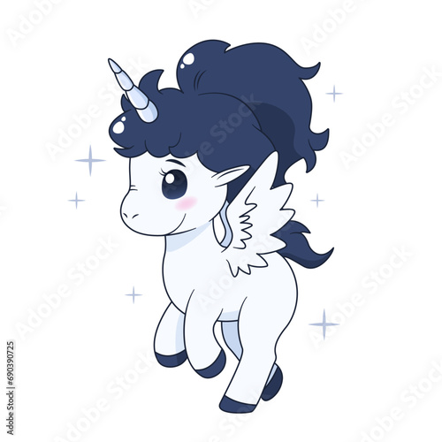 isolated cartoon unicorn with wings and stars.