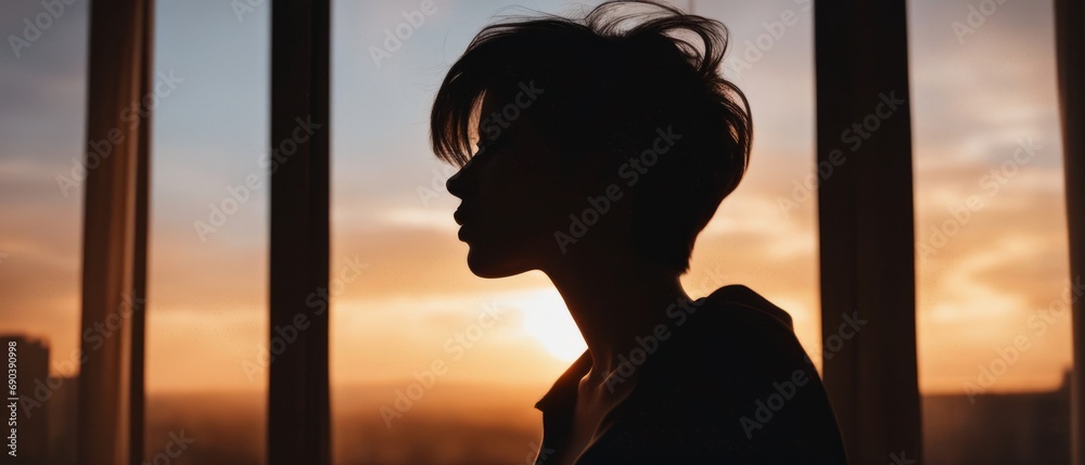 Silhouette of a girl with short hair in the background of a window overlooking the sunset over the city
