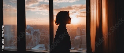 Silhouette of a girl at the window overlooking the sunset over the city