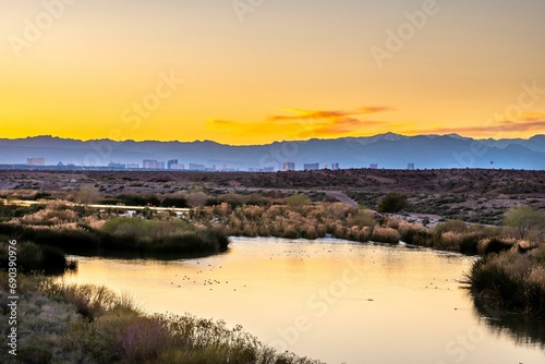 4K Las Vegas Skyline with Wetland in the Foreground
