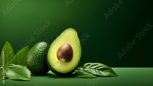 avocado split open with green leaves on green background photo