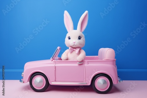 a bunny toy is sitting in a pink car against blue background. Easter concept. Generative AI