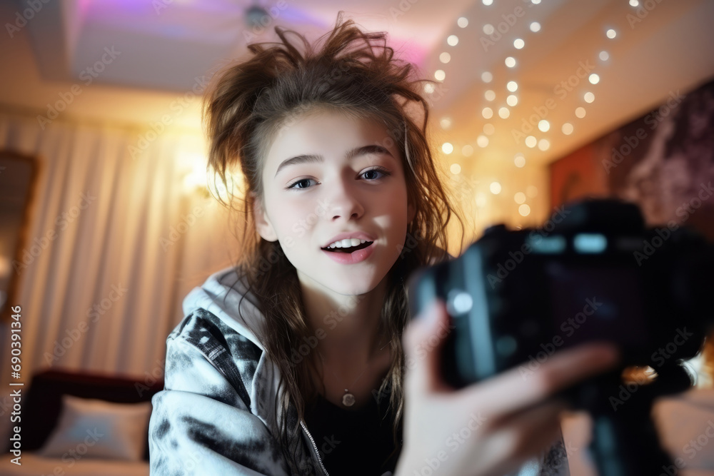Pretty teenage girl preparing film herself in video. Teen girl in her room ready to record new video. Blogging, technology, videoblog, social media and entertainment for children at home Pretty teenage girl preparing film herself in video. Teen girl in her room ready to record new video. Blogging, technology, videoblog, social media and entertainment for children at home