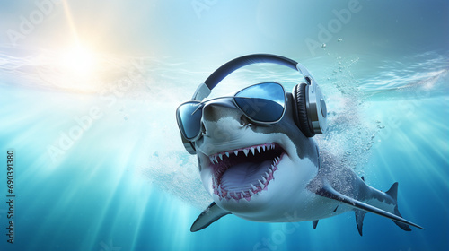 Music dj shark with sunglasses. generative ai photo