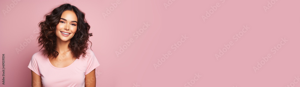 Young happy smiling female student woman in casual t-shirt on isolated pink girly background studio portrait. Positive people lifestyle concept. Empty space place for text, copy paste Young happy smiling female student woman in casual t-shirt on isolated pink girly background studio portrait. Positive people lifestyle concept. Empty space place for text, copy paste
