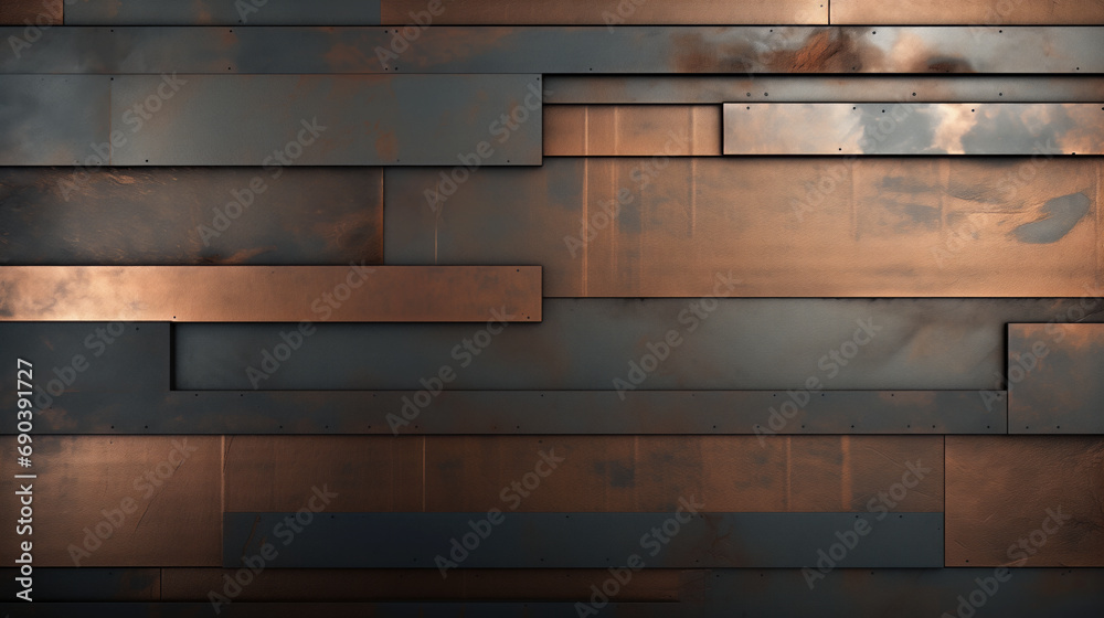 Background with protruding geometric objects. Strict design. Interior design in loft style. Bronze texture. Volumetric figures, cubes and rectangles. Gray-golden hue. Metal rivets and nails. Background with protruding geometric objects. Strict design. Interior design in loft style. Bronze texture. Volumetric figures, cubes and rectangles. Gray-golden hue. Metal rivets and nails.