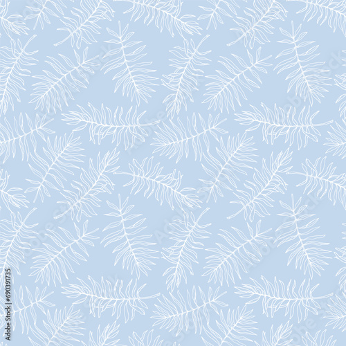 Exotic palm jungle line art leaves, floral seamless pattern for fabric textile or wallpapers. Vector tropical jungle leaves modern light blue background