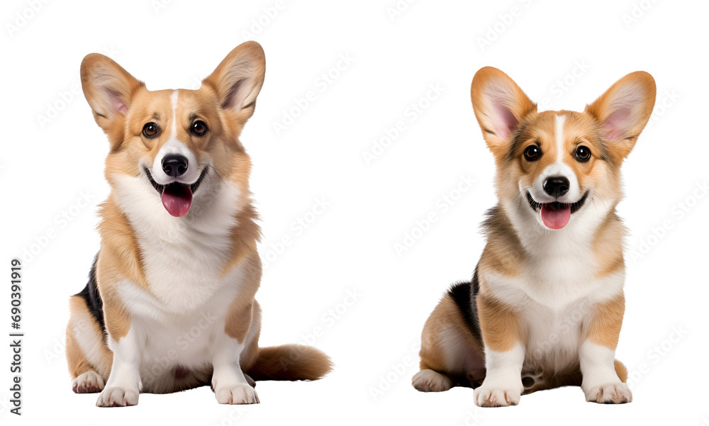 Set of Cute Welsh Corgi Dogs: Playful Puppies and Serene Adult Canines, Isolated on Transparent Background, PNG