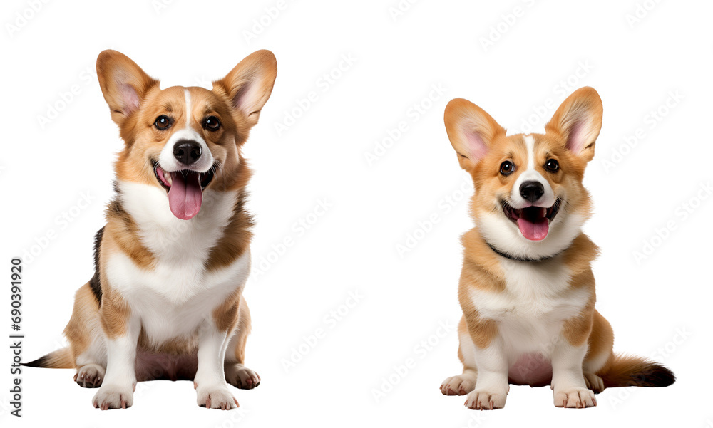 Set of Cute Welsh Corgi Dogs: Lively Puppy and Calm Seated Adult, Isolated on Transparent Background, PNG