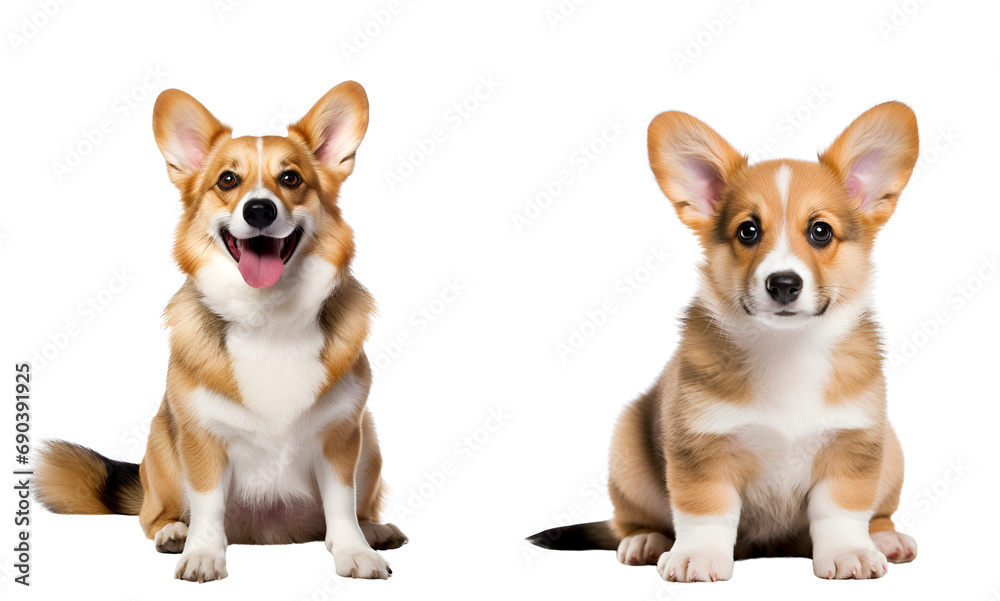 Set of Cute Welsh Corgi Dogs: Energetic Pup and Composed Mature Canines, Isolated on Transparent Background, PNG