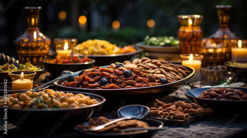 Iftar Feast: A long table adorned with dates, fruits, and traditional dishes, beautifully arranged for the Iftar feast during Ramadan. Iftar Feast: A long table adorned with dates, fruits, and traditional dishes, beautifully arranged for the Iftar feast during Ramadan.
