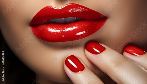 Close-up of woman s red lips and painted nails      