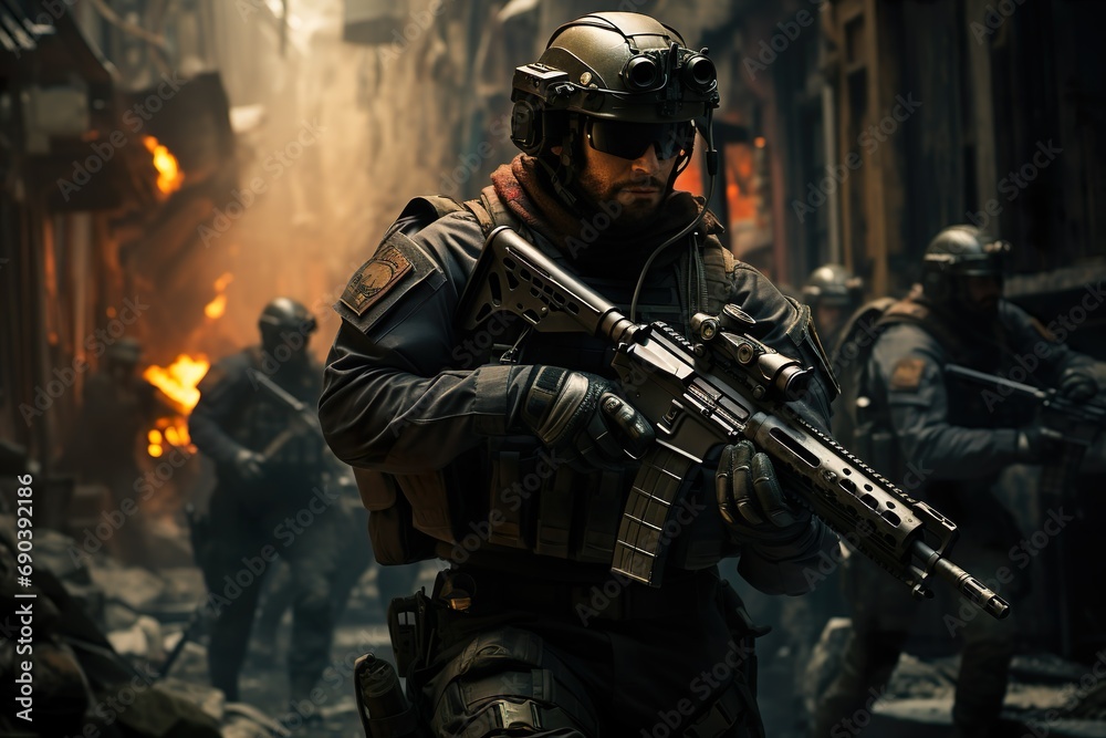 A special forces squad armed with firearms is operating in a building in a city undergoing combat. A special forces squad armed with firearms is operating in a building in a city undergoing combat.