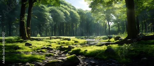 Valley scenery in a dense forest with lots of green grass