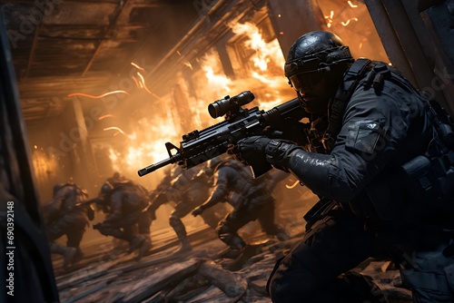 A special forces squad armed with firearms is operating in a building in a city undergoing combat.