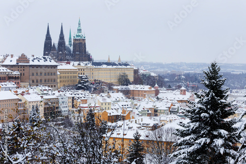 Snowy Prague City with gothic Castle from the Hill Petrin, Czech republic