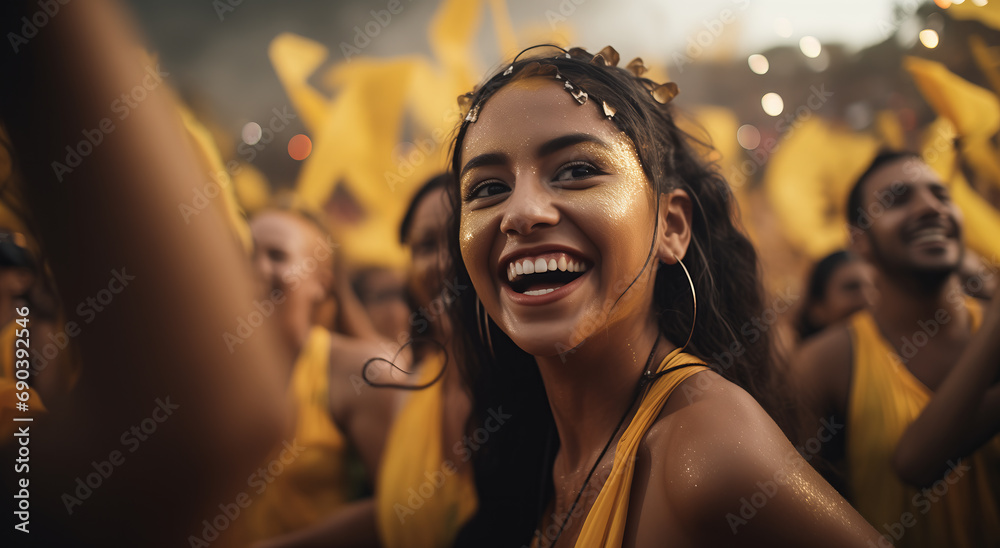 Brazilian Beauty: Glittering Latina Radiates Joy in Yellow Carnival