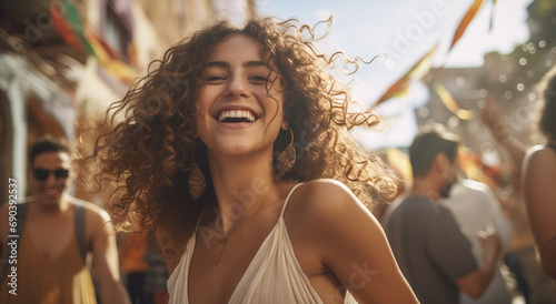 Summer Happiness: Latina Girl Laughing and Celebrating in the Crowd