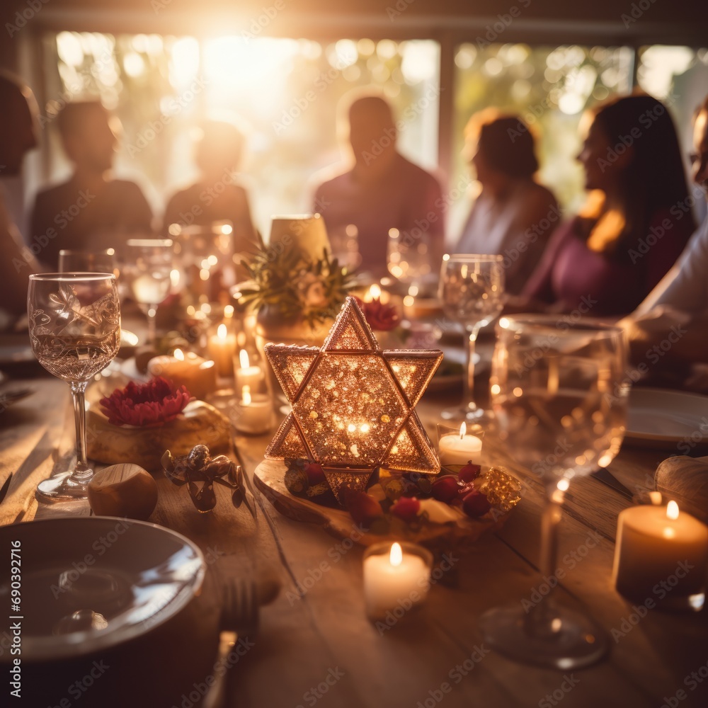 close-up of the Star of David symbolizing unity on a hanukkah festive dining table, capturing the harmony and togetherness of a celebratory meal
