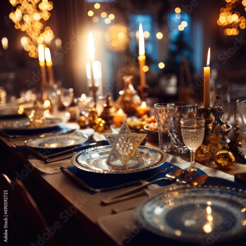close-up of the Star of David symbolizing unity on a hanukkah festive dining table, capturing the harmony and togetherness of a celebratory meal 