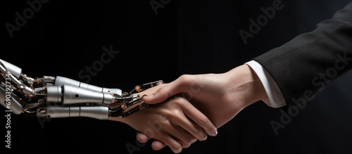 Closeup of businessman handshaking with robot futuristic cooperate concept