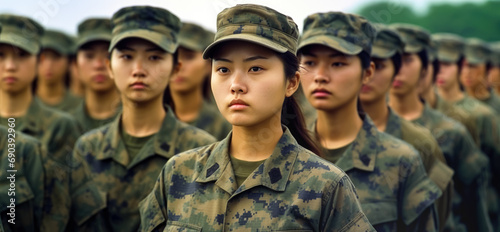 Group of young Asian women in military digital camouflage uniforms standing at army ceremony or presentation. Generative AI photo