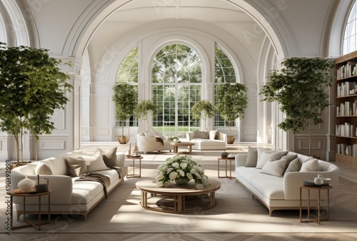 Spacious and Bright Living Room with High Arched Ceilings and Large Windows