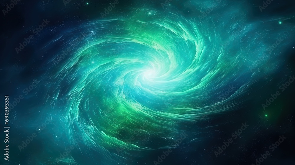 A bright galaxy with whirlwinds of a mint green and electrically blue light, creating a magical eff