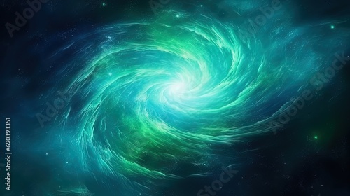 A bright galaxy with whirlwinds of a mint green and electrically blue light, creating a magical eff