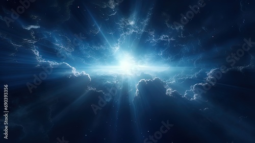 Cosmic darkness, pierced by the rays of bright blue light inside the galactic cloud