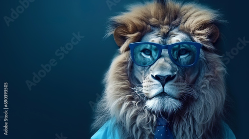 Portrait of a lion with glasses against the backdrop of a dark blue sky