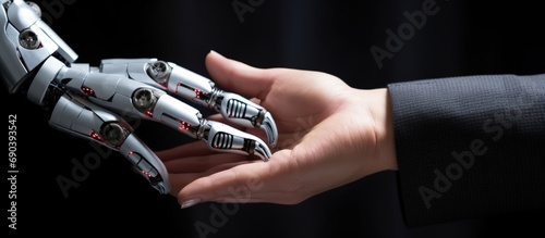 Modern concept of businessman handshaking with robot in futuristic cooperation © saifur